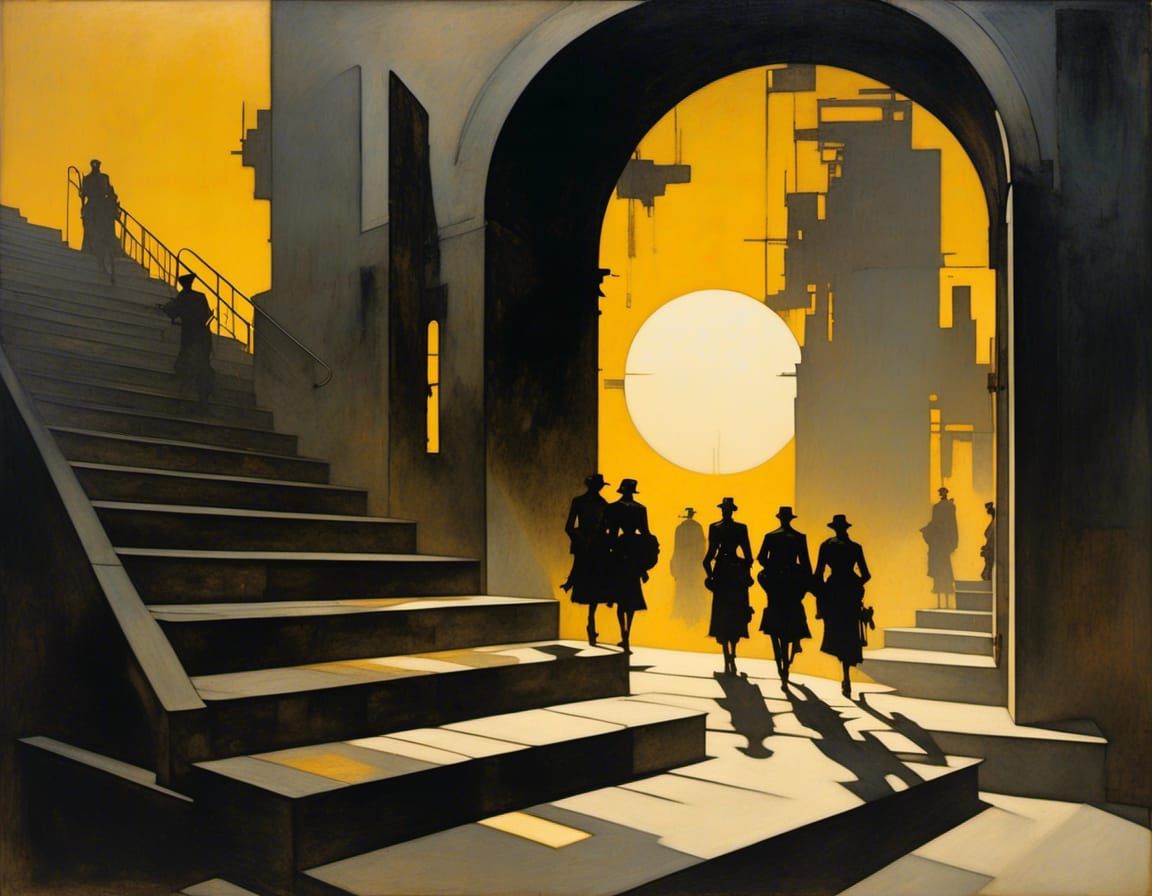 Dystopian Stairway with Androids at Sunset