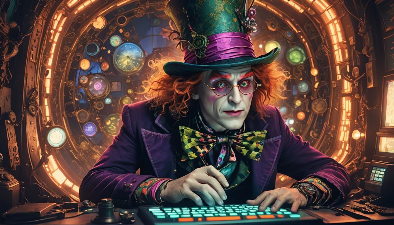 Mad Hatter at Computer in Surreal Digital Art Style