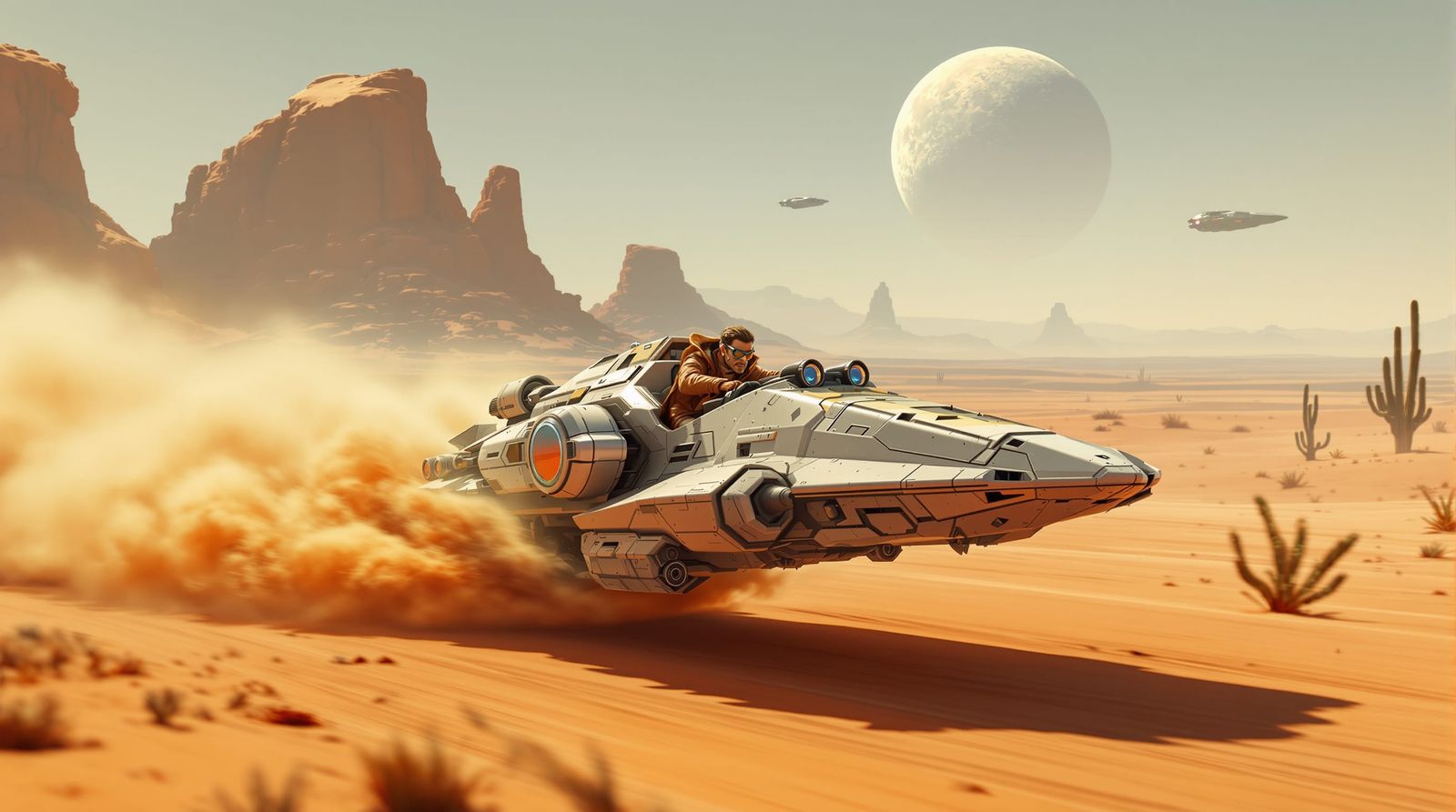 High-Speed Speeder Kicking Up Dust in Desert Landscape