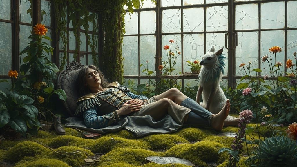 Weathered Prince Resting in Overgrown Greenhouse