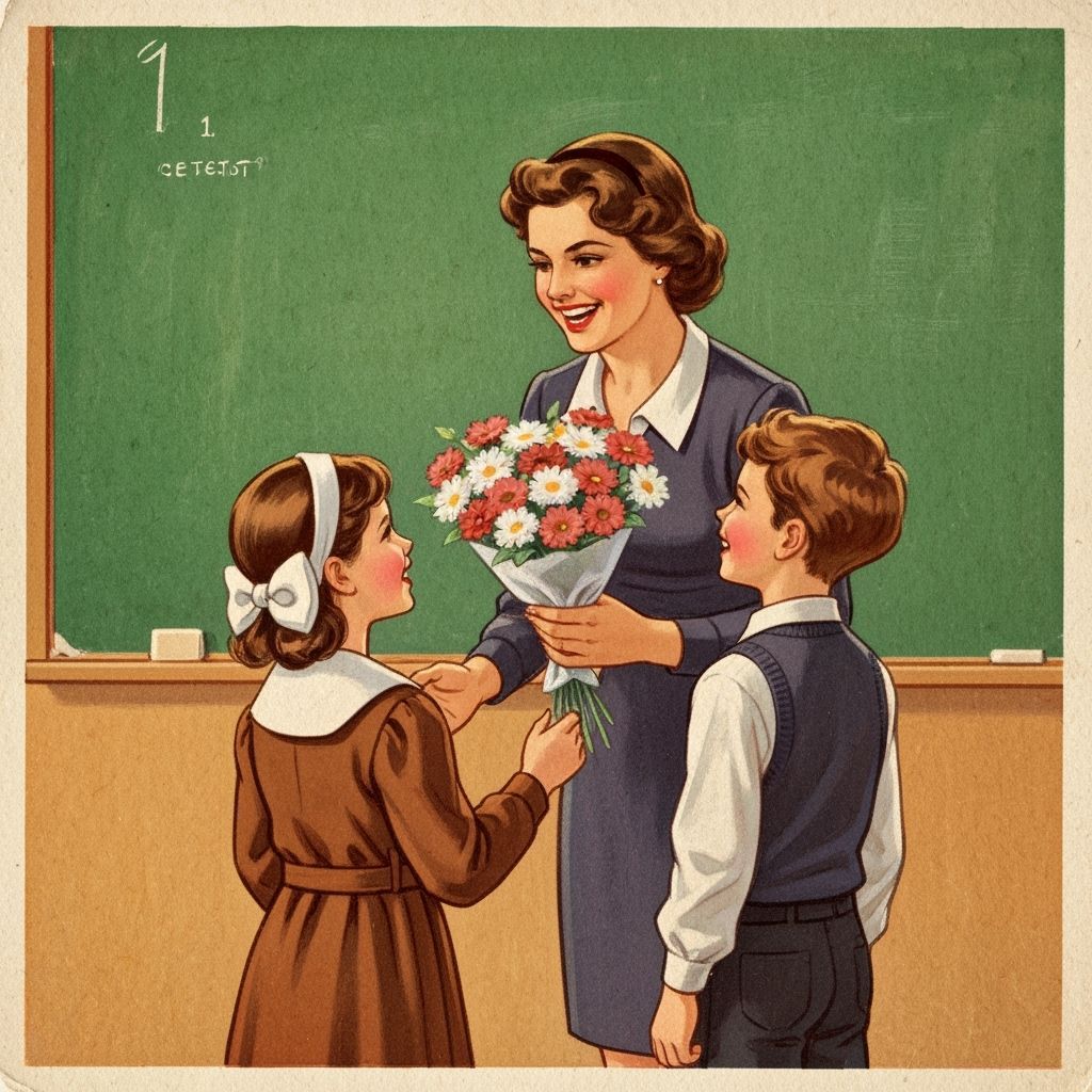 Soviet Postcard Style Illustration of Teacher Receiving Flow...