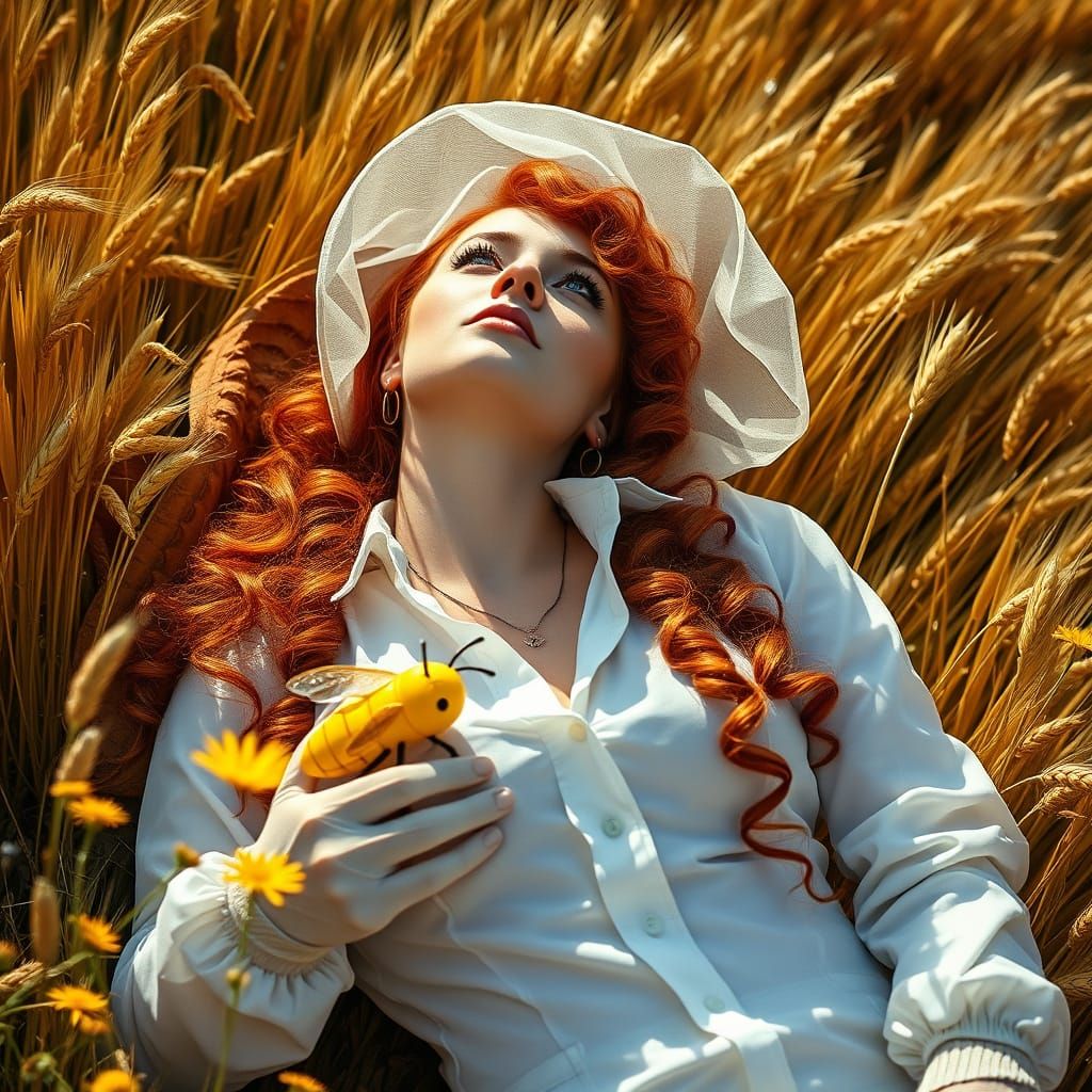 Hyperrealistic Pin-Up Girl in Beekeeper's Attire Amidst Gold...
