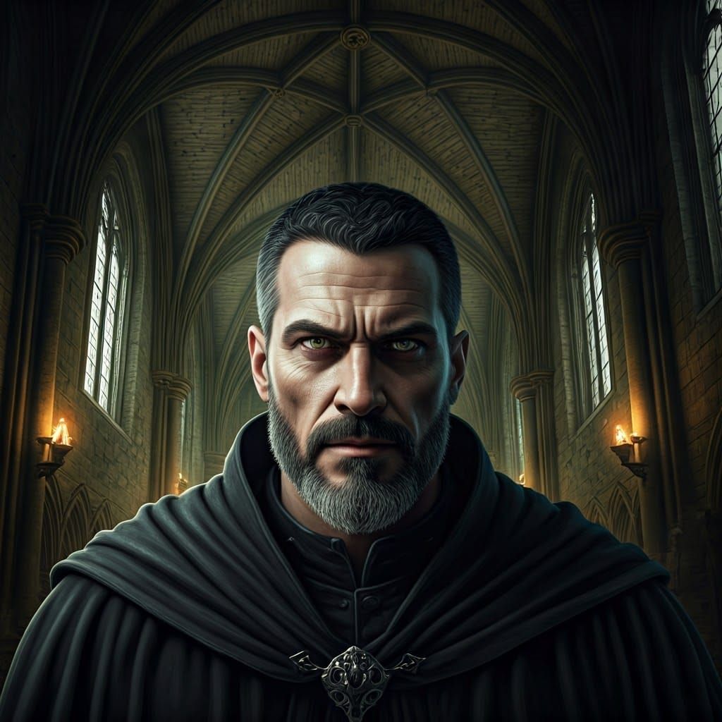 Sinister Man in Gothic Castle with Menacing Gaze
