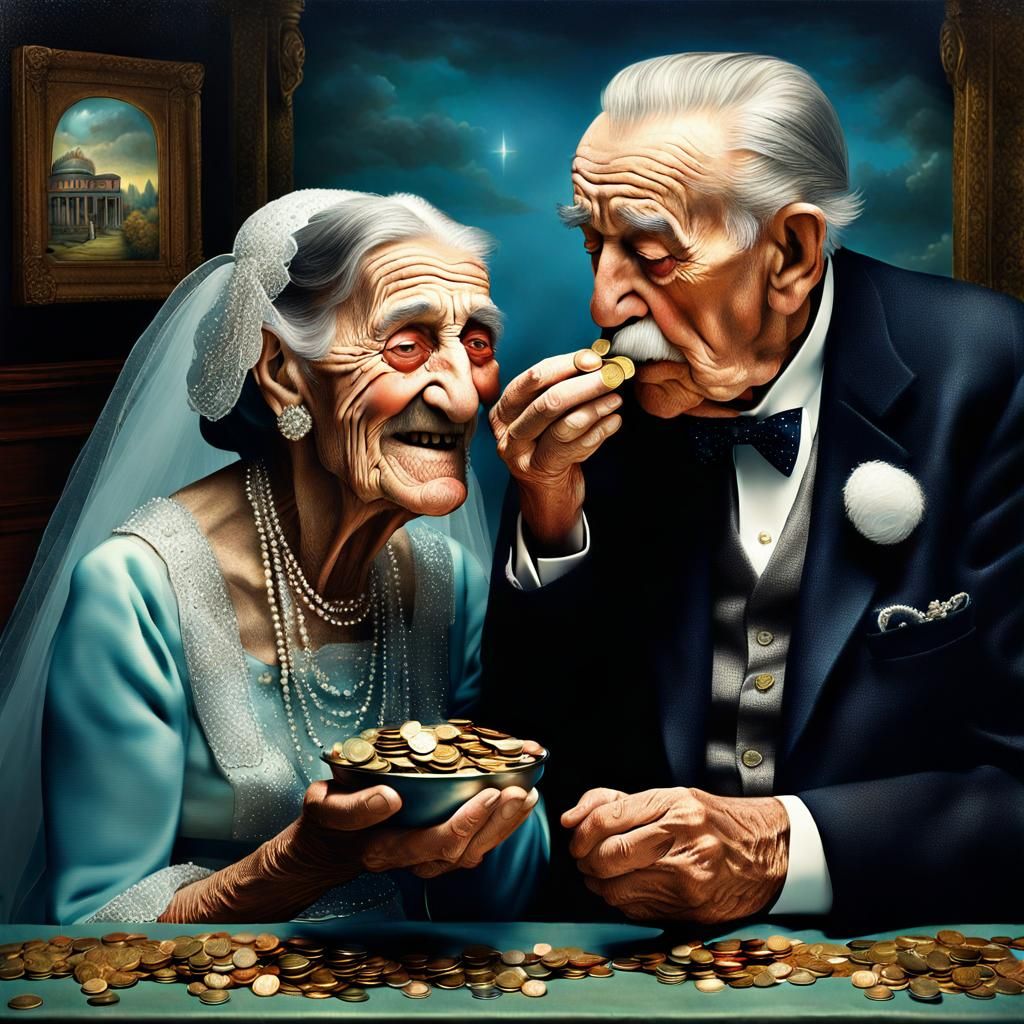 Surreal Bejeweled Bride Scooping Coins, Dark Realism