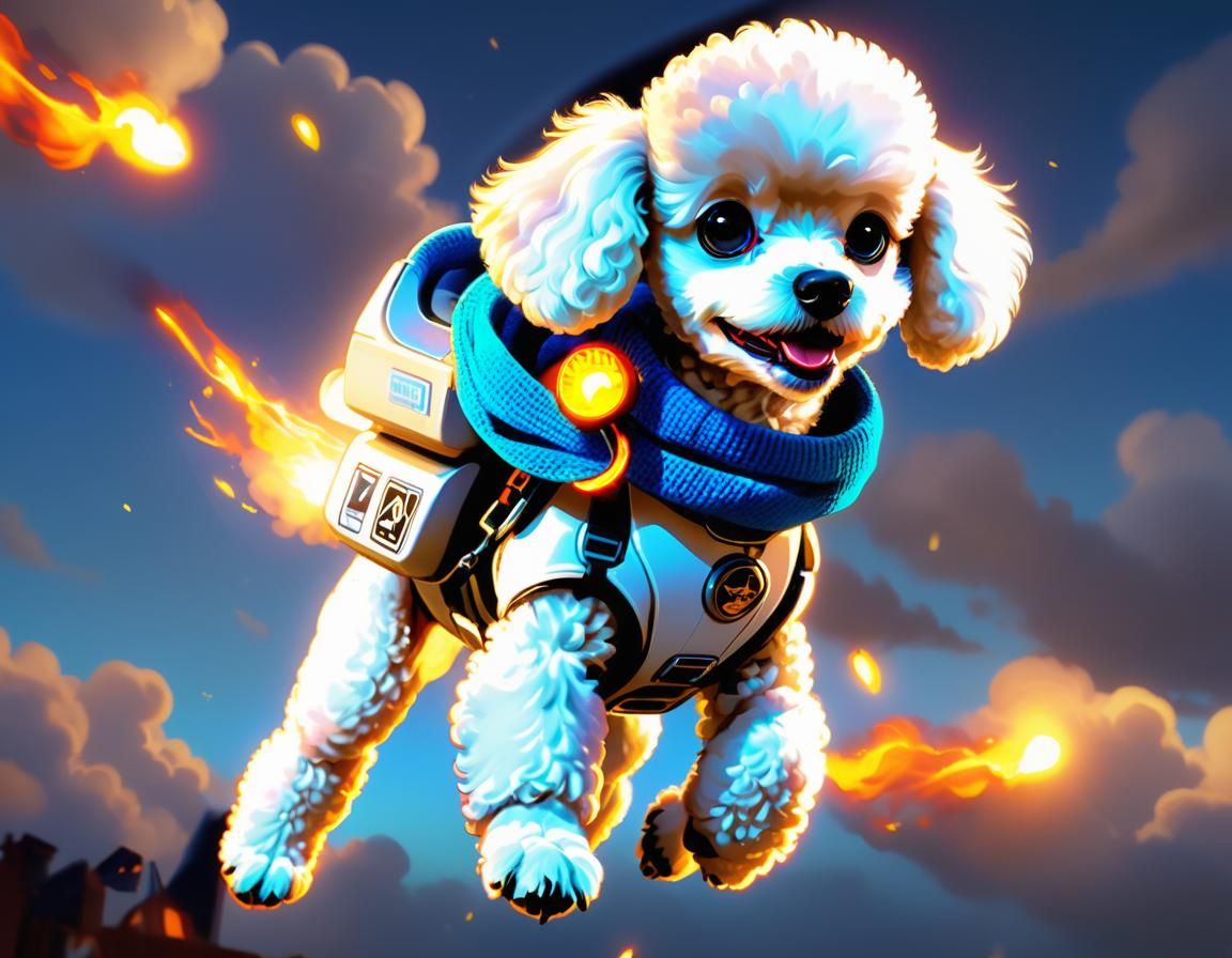 Poodle Puppy's Heroic Flight with Jetpack: 3D Cartoon