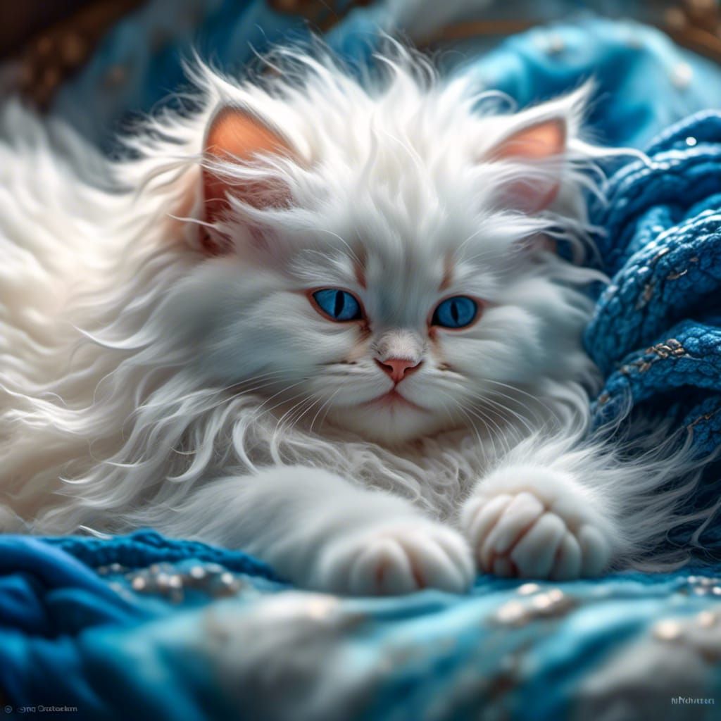 Sleeping White Kitten Portrait in Watercolor Style