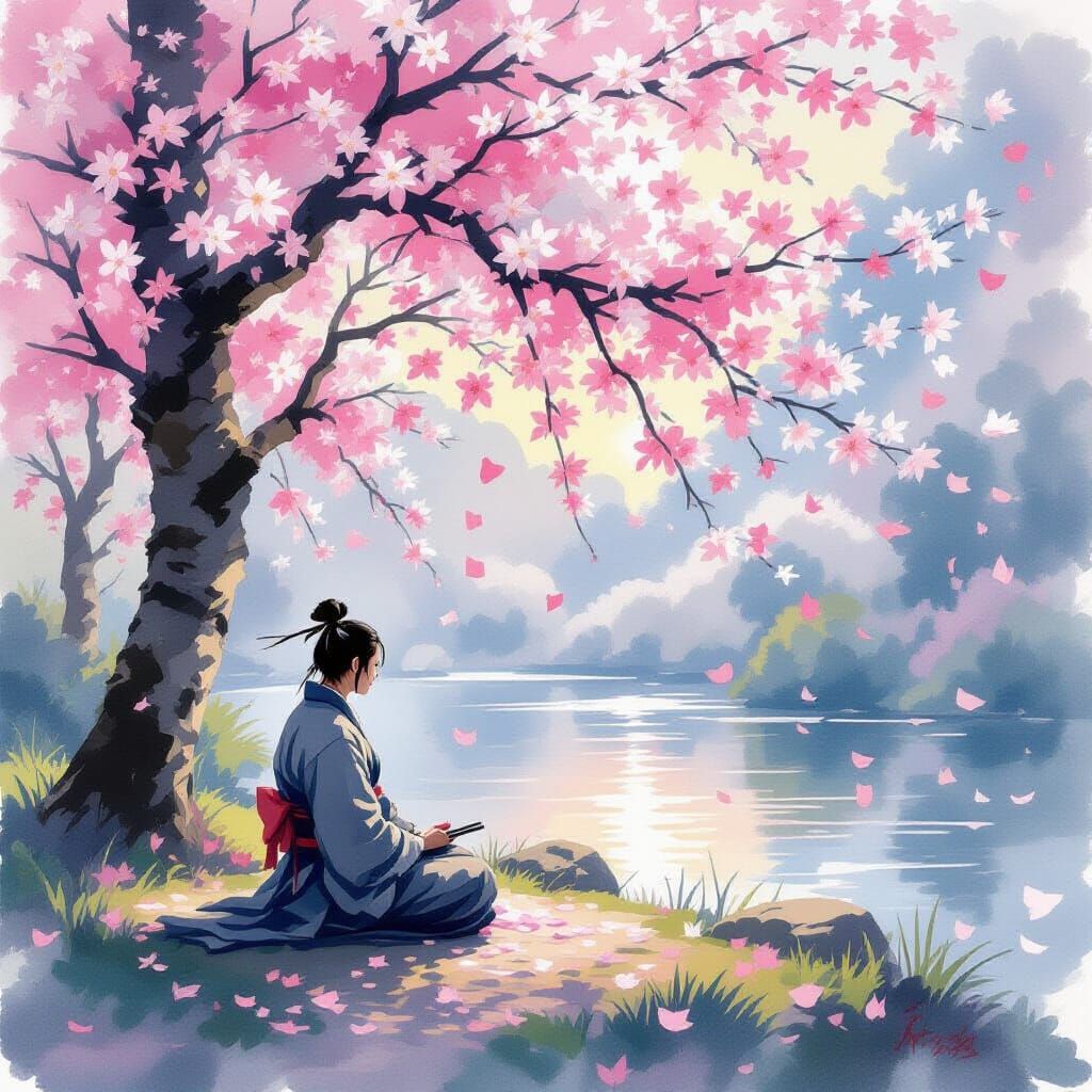 Samurai Meditating Under Cherry Blossoms in Impressionist St...