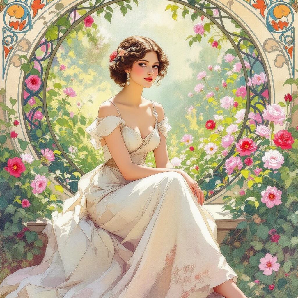Elegant Woman in Garden, Watercolor Art Nouveau Style