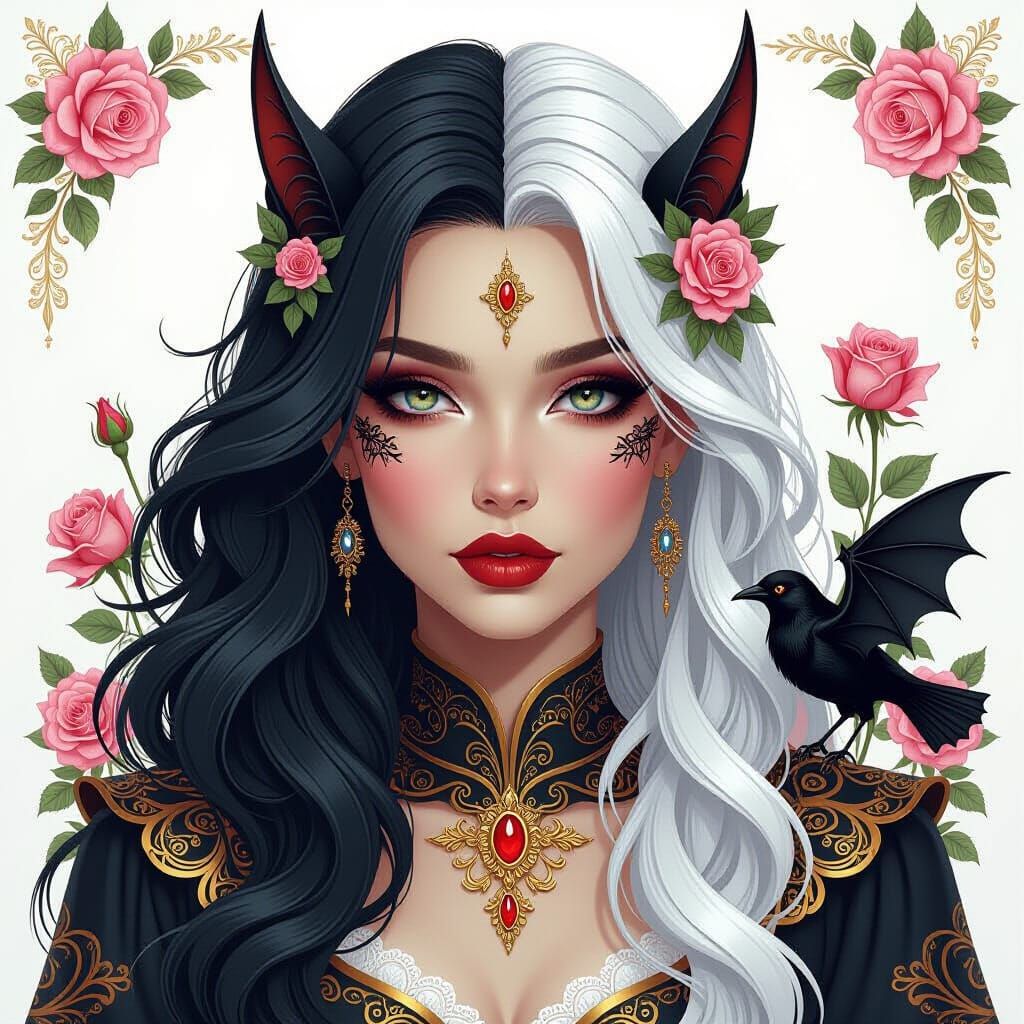 A striking portrait of a woman with a dual-faced design. One side of her face is adorned with black and gold intricate p...