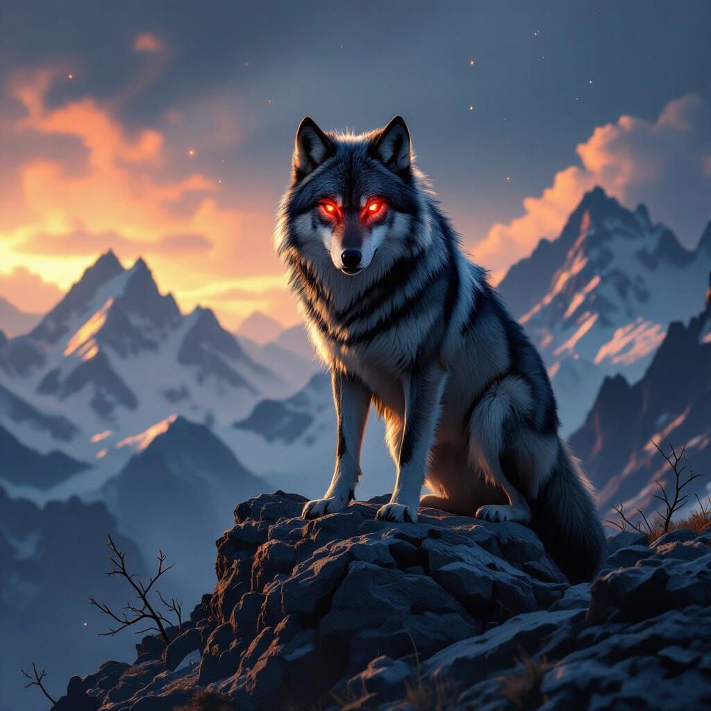 Majestic Wolf with Glowing Red Eyes on Mountaintop
