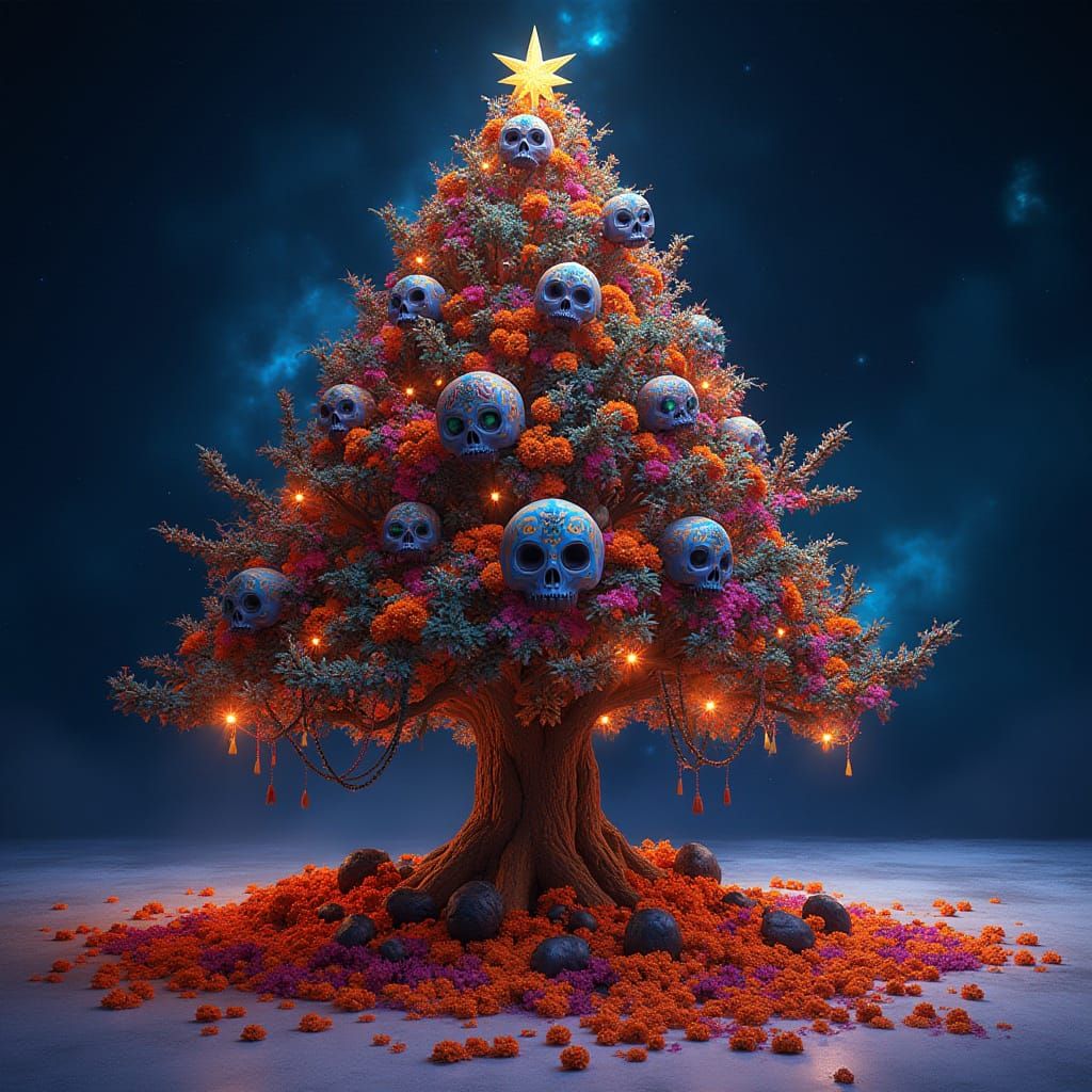 Day of the Dead Christmas Tree in Cosmic Night Sky