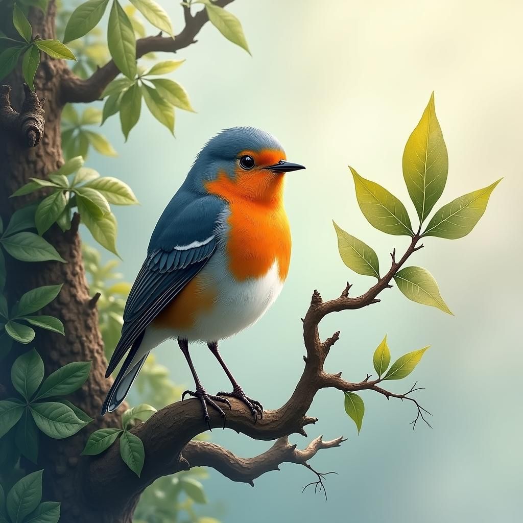 Robin in Lush Foliage: Watercolour Matte Painting