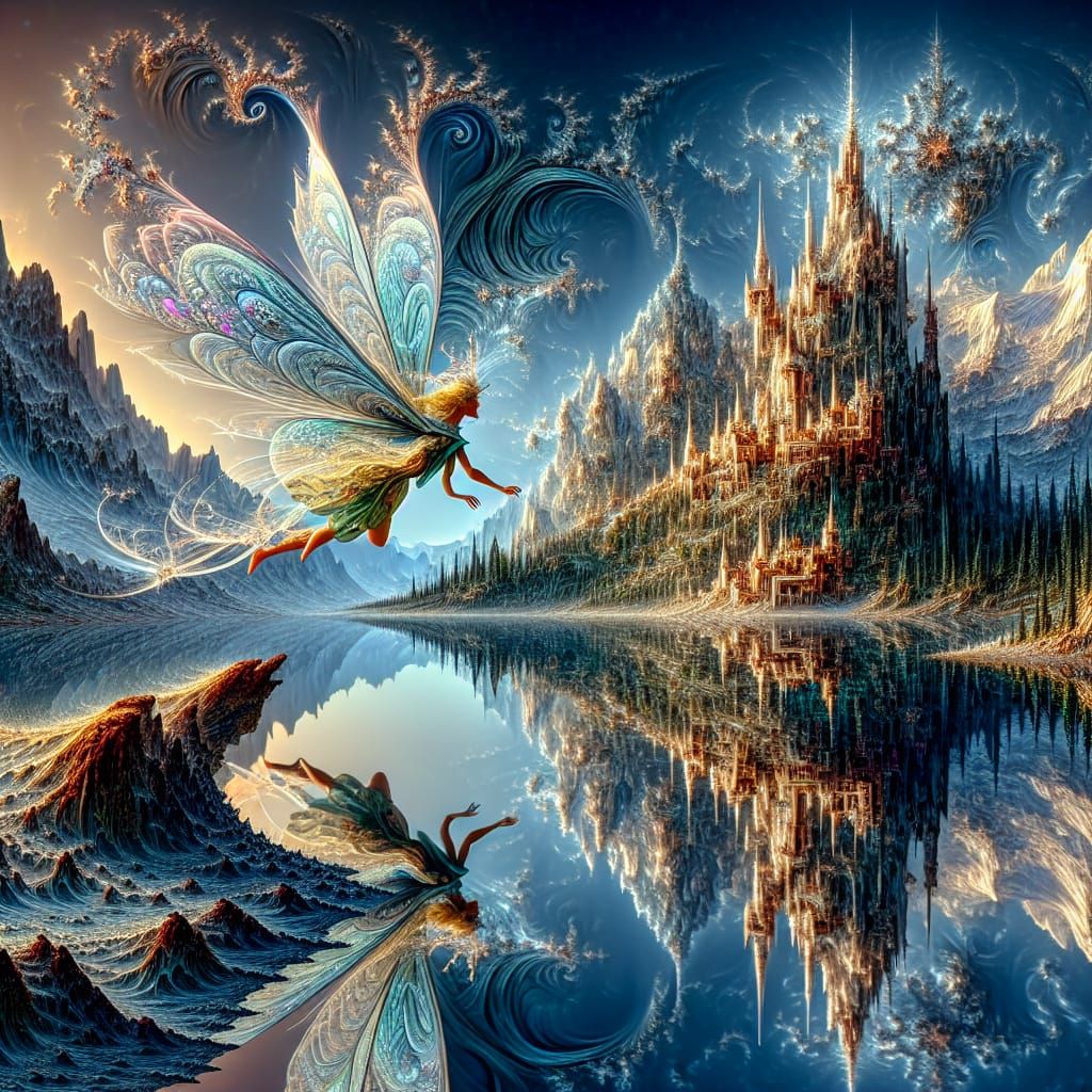 Fairy Flies to Castle over Reflective Lake