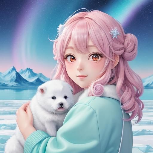 Anime Walrus Girl on Icy Shore: Digital Art