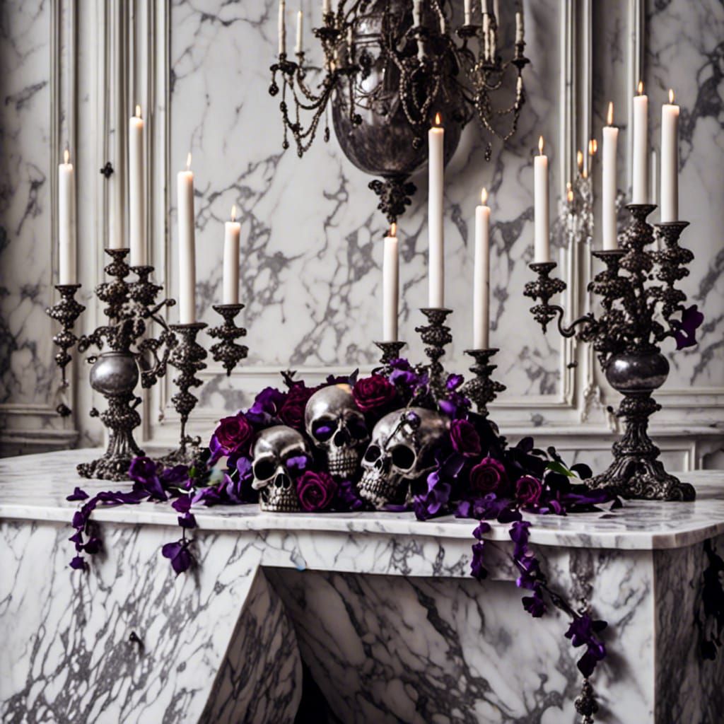 Gothic Skull with Violet Flowers Still Life