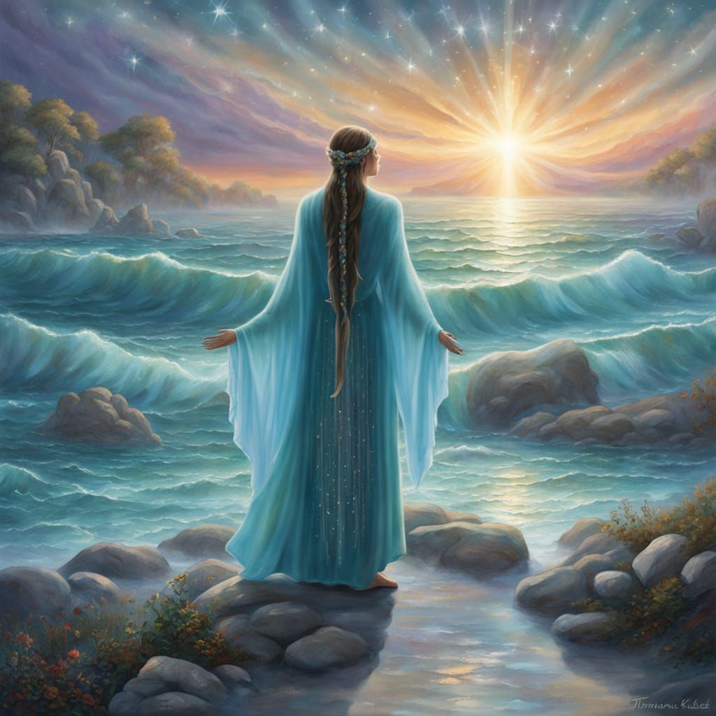 Ethereal Lemurian Priestess on Crystal Shoreline