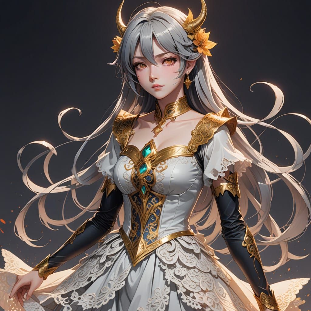 Surreal Anime Demon Girl in Vibrant White and Gold Dress