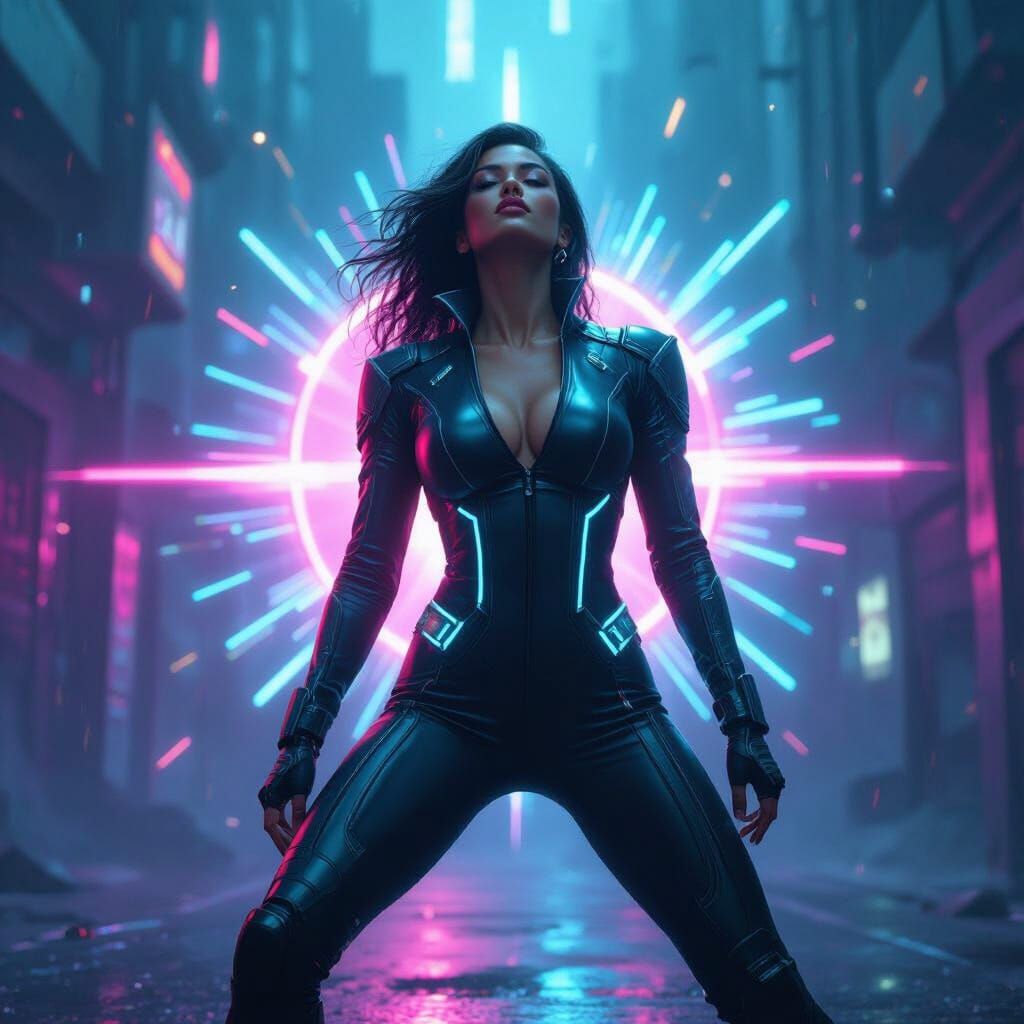 Triumphant Woman in Neon-lit Cyberpunk Cityscape