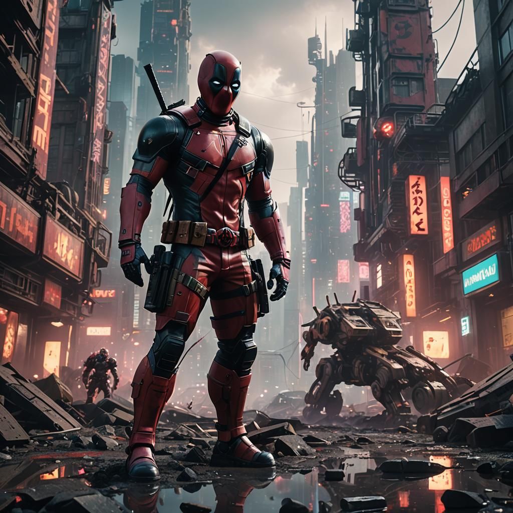Deadpool in Sci-Fi City Ruins: Cinematic 8K Render