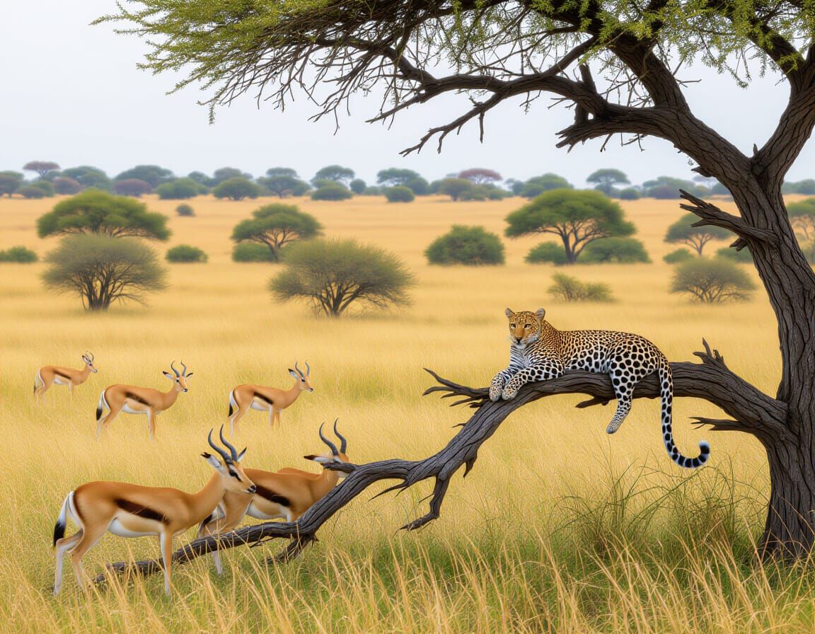 Leopard in Tree Watches Springboks in Savanna Panorama