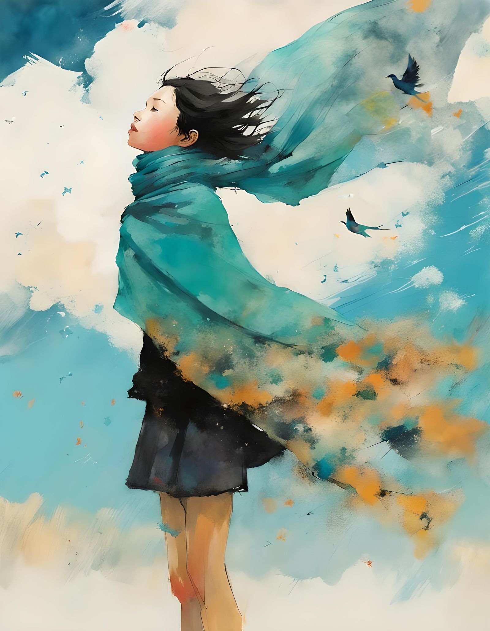 Girl Ascending with Starlings: Abstract Impressionism