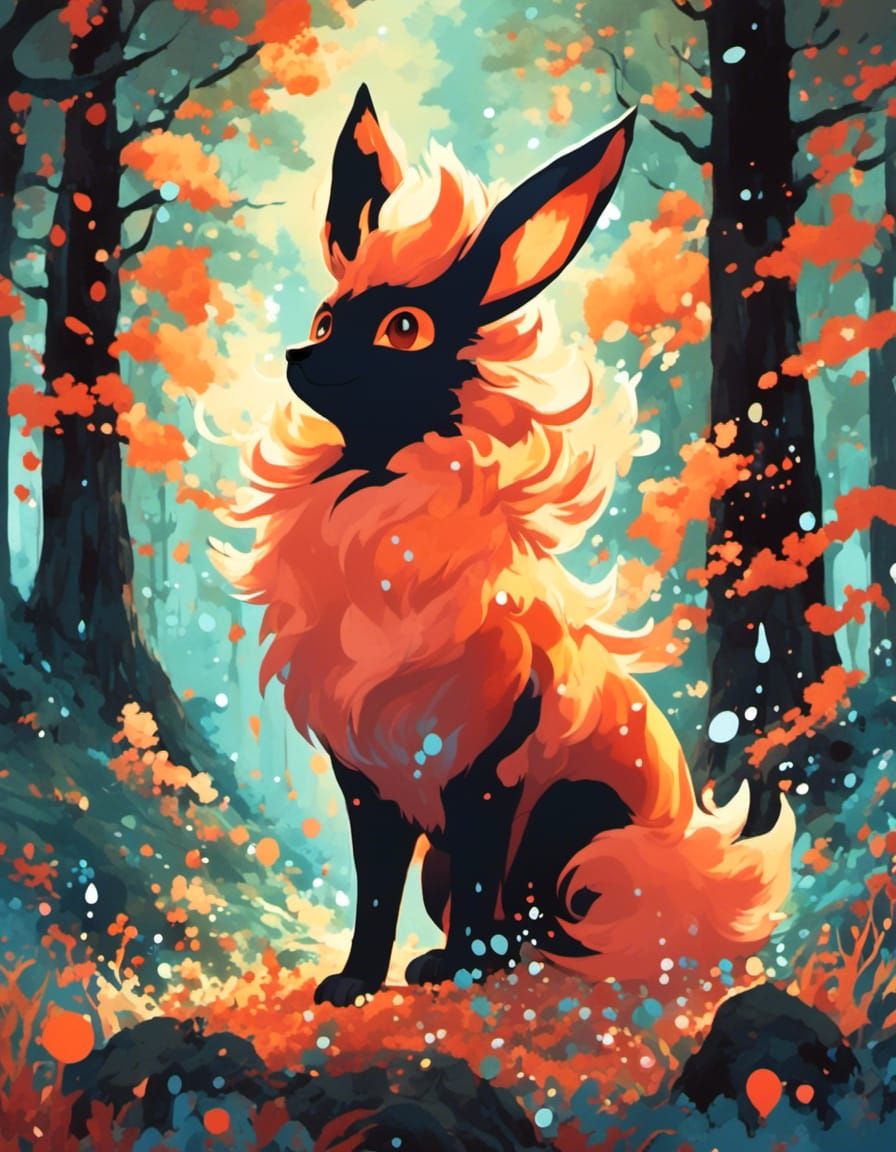 Flareon Pokemon in Glowing Ember Forest Watercolor