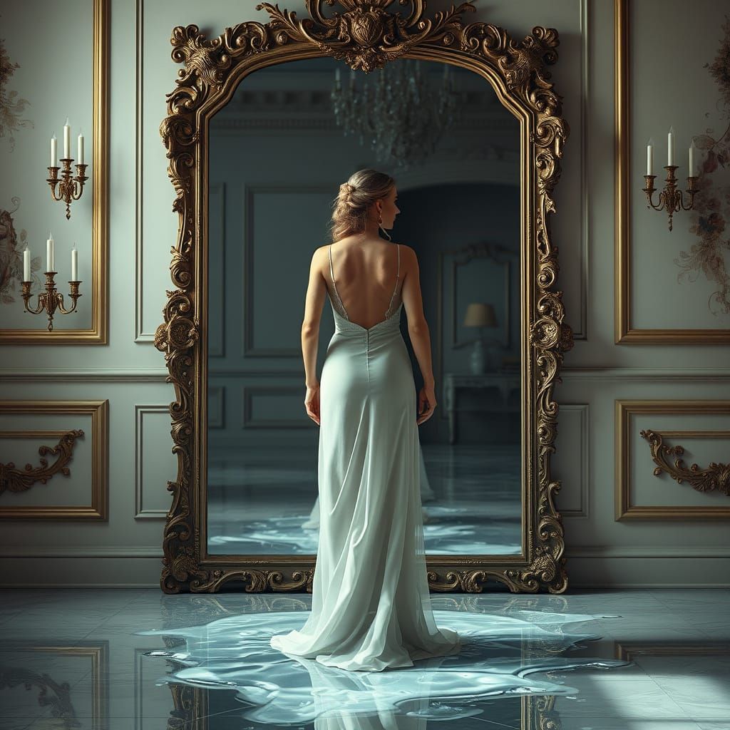 Melting Mirror Reflecting a Woman, Hyperrealistic Style