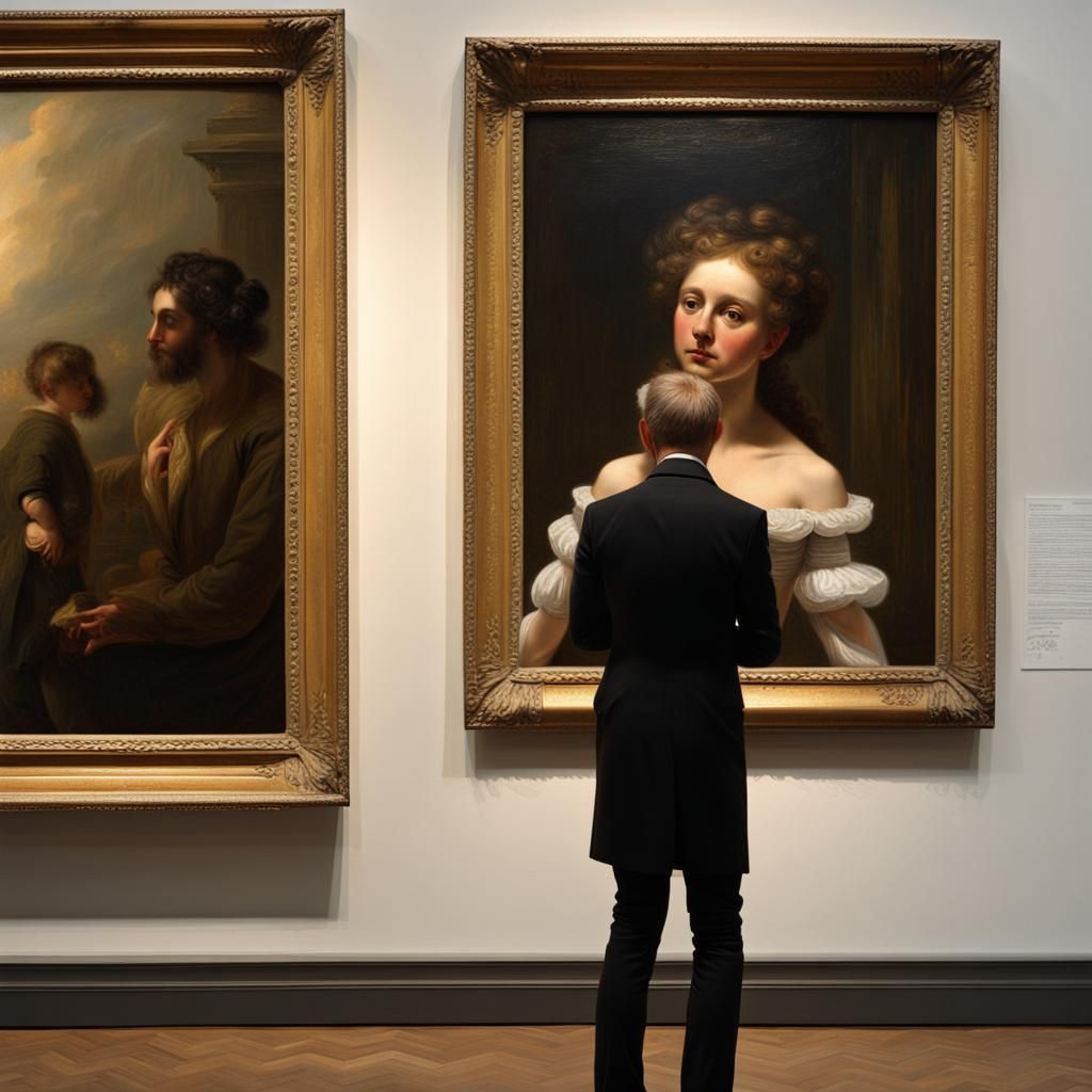 Curator Contemplates Romantic Oil Painting in Museum