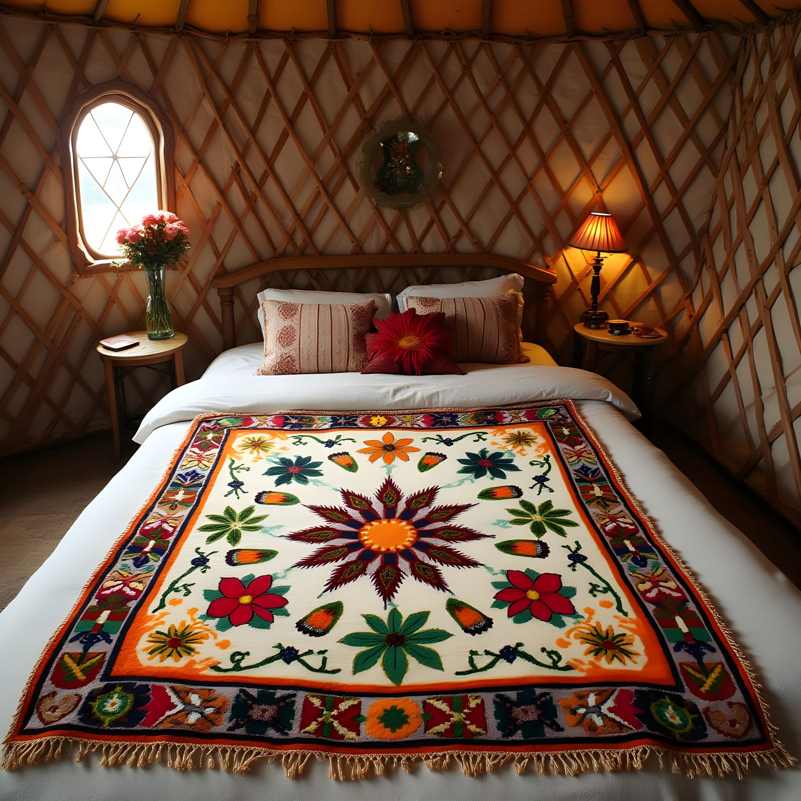 Traditional Kazakh Felt Rug with Vibrant Floral and Sun Moti...