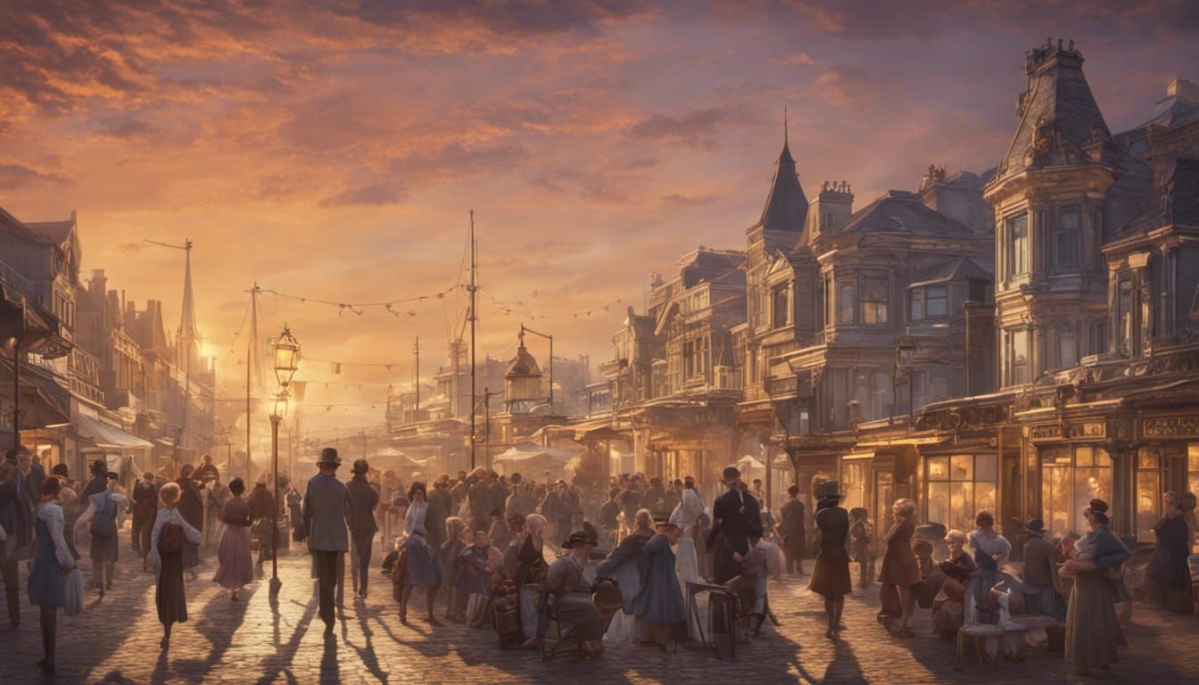 Victorian Seaside Town Sunset in Romantic Style