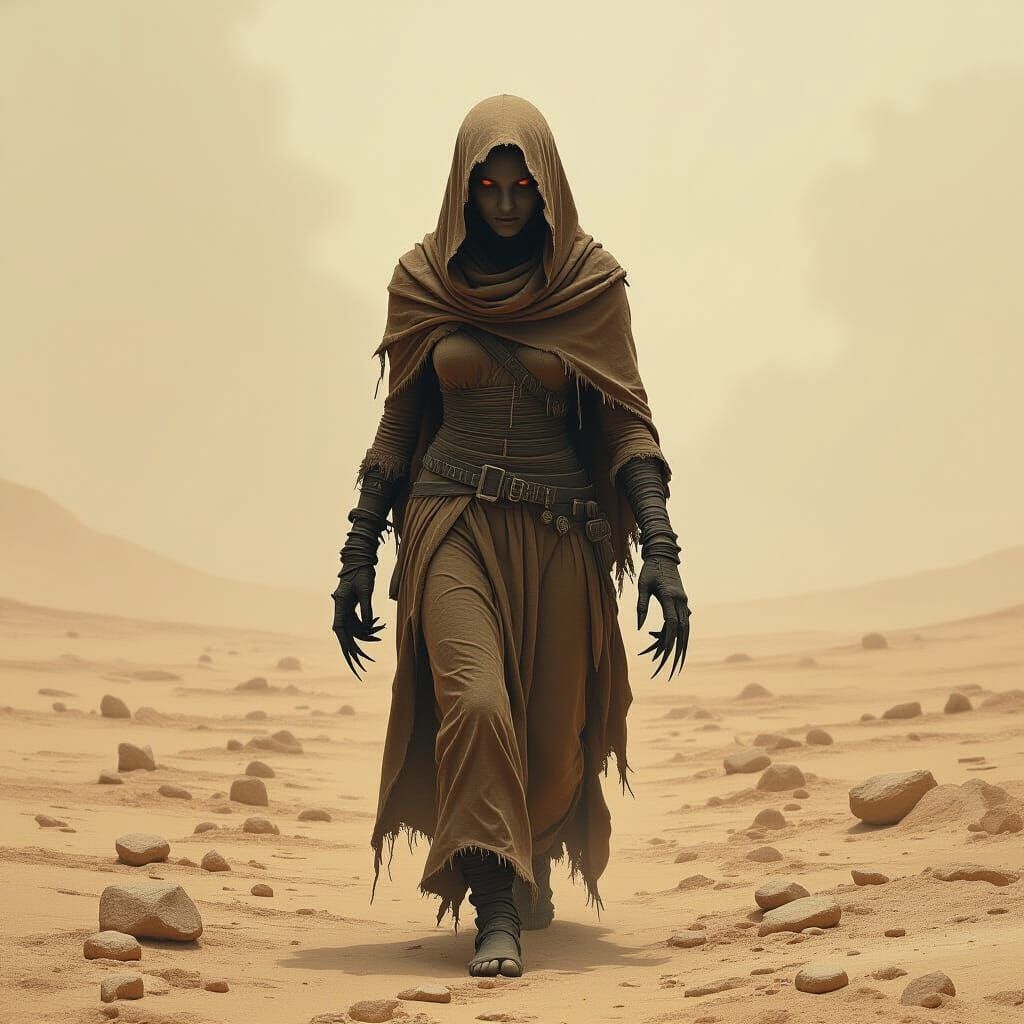 Ashen Wasteland Woman with Claws in Dark Fantasy Style