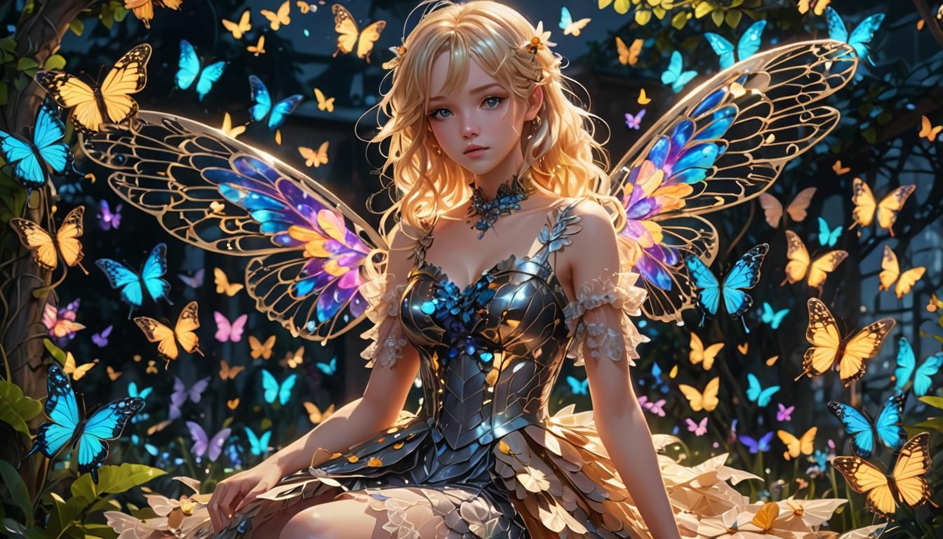 Anime Girl with Crystal Wings in Neon Garden