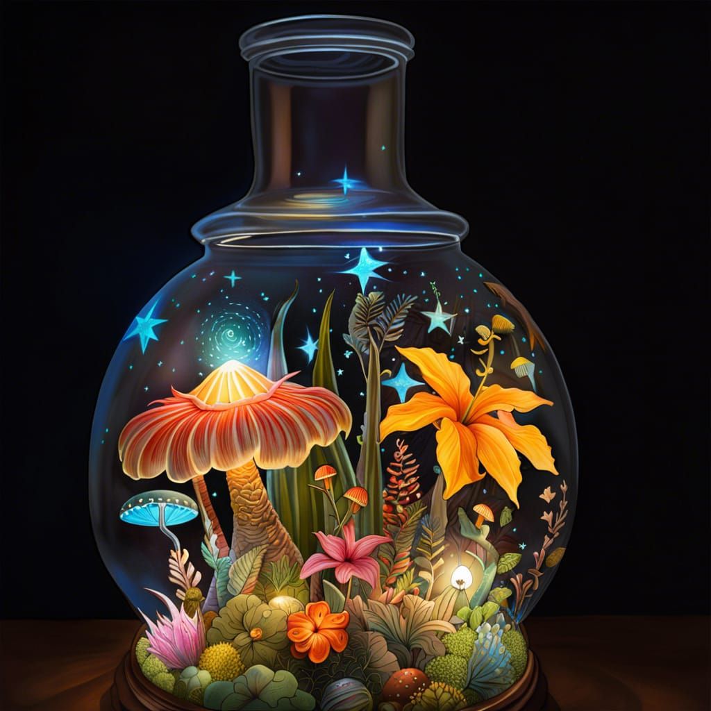 Magical Tropical Terrarium Illustration in Ukiyo-e Style