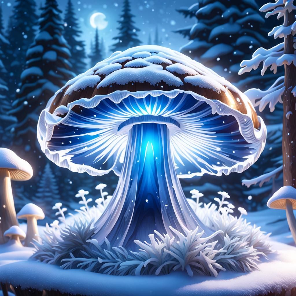 Majestic Ice Mushroom Sculpture at Midnight in 8K