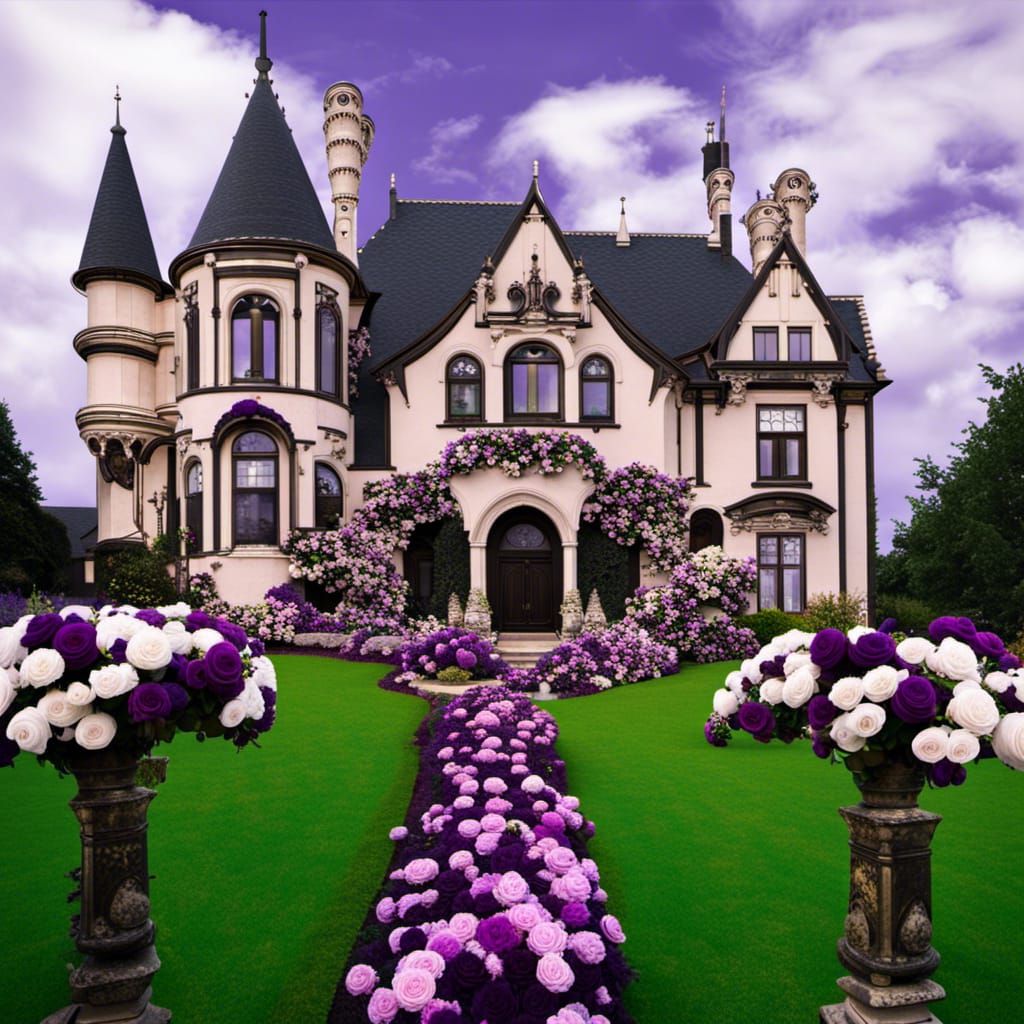Gothic Gold Mansion with Roses, 19th Century Style