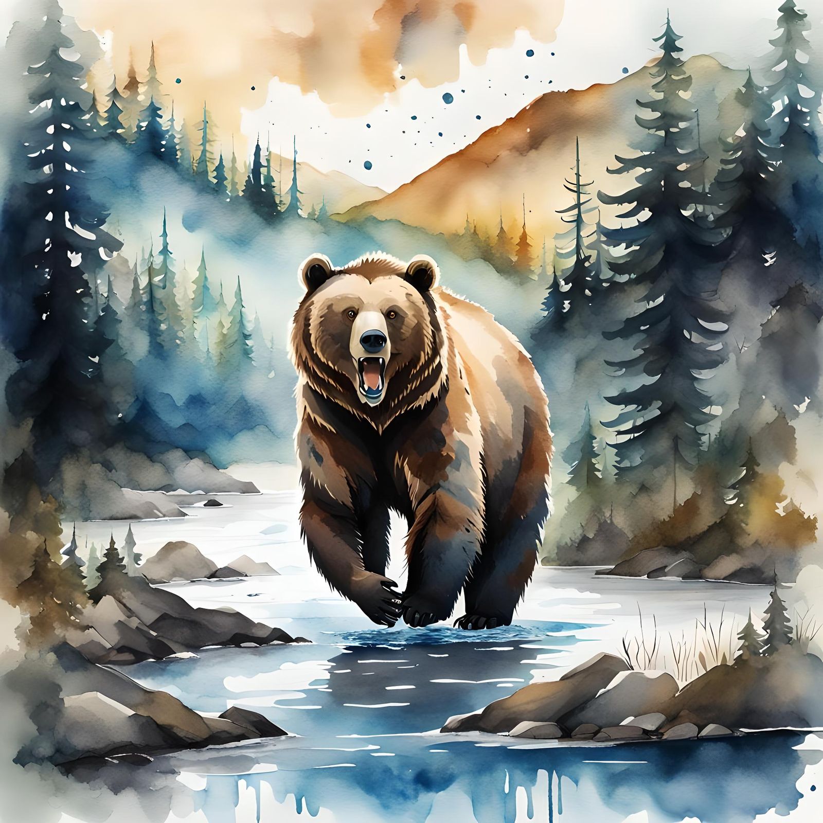 Grizzly Bear with Salmon Watercolor Painting