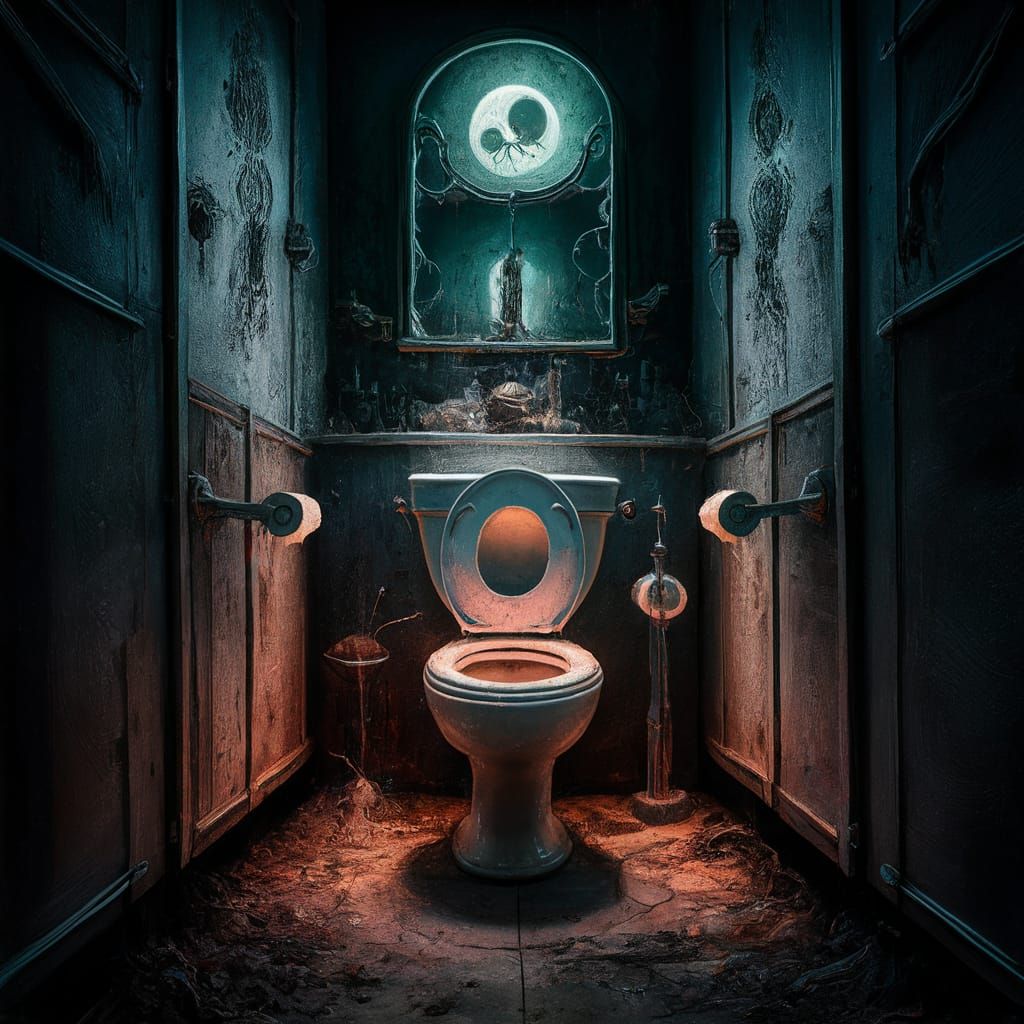 Sinister Abandoned Restroom with Eerie Glow, Digital Paintin...