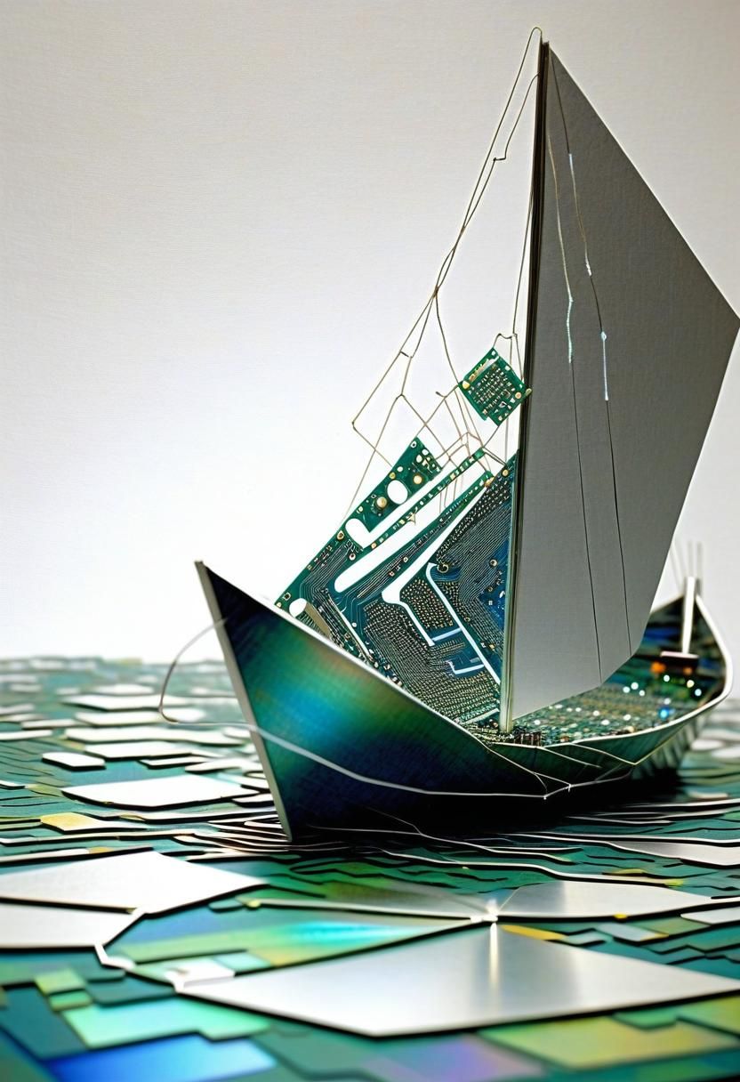 Circuit Board Art: Paper Boat on Data Stream