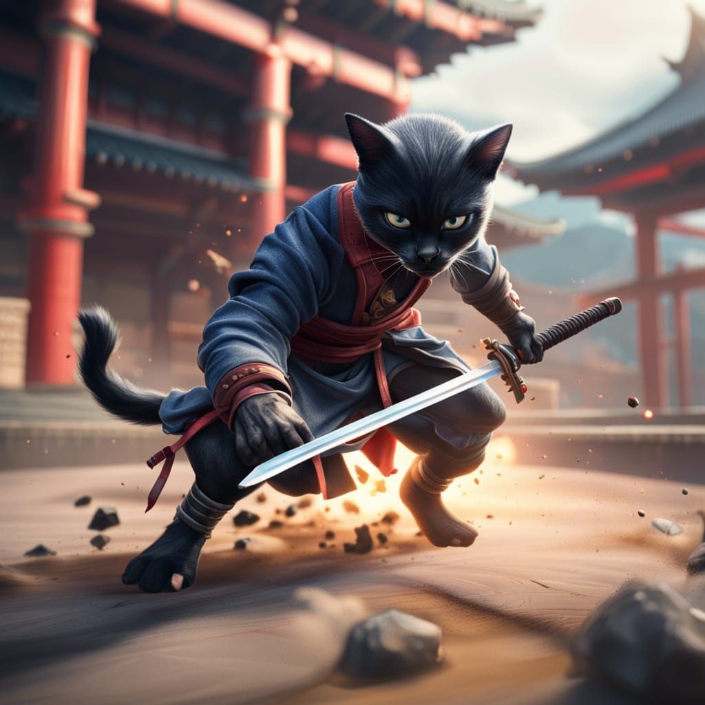 Ninja Cat Training in Hyperrealistic Anime Style