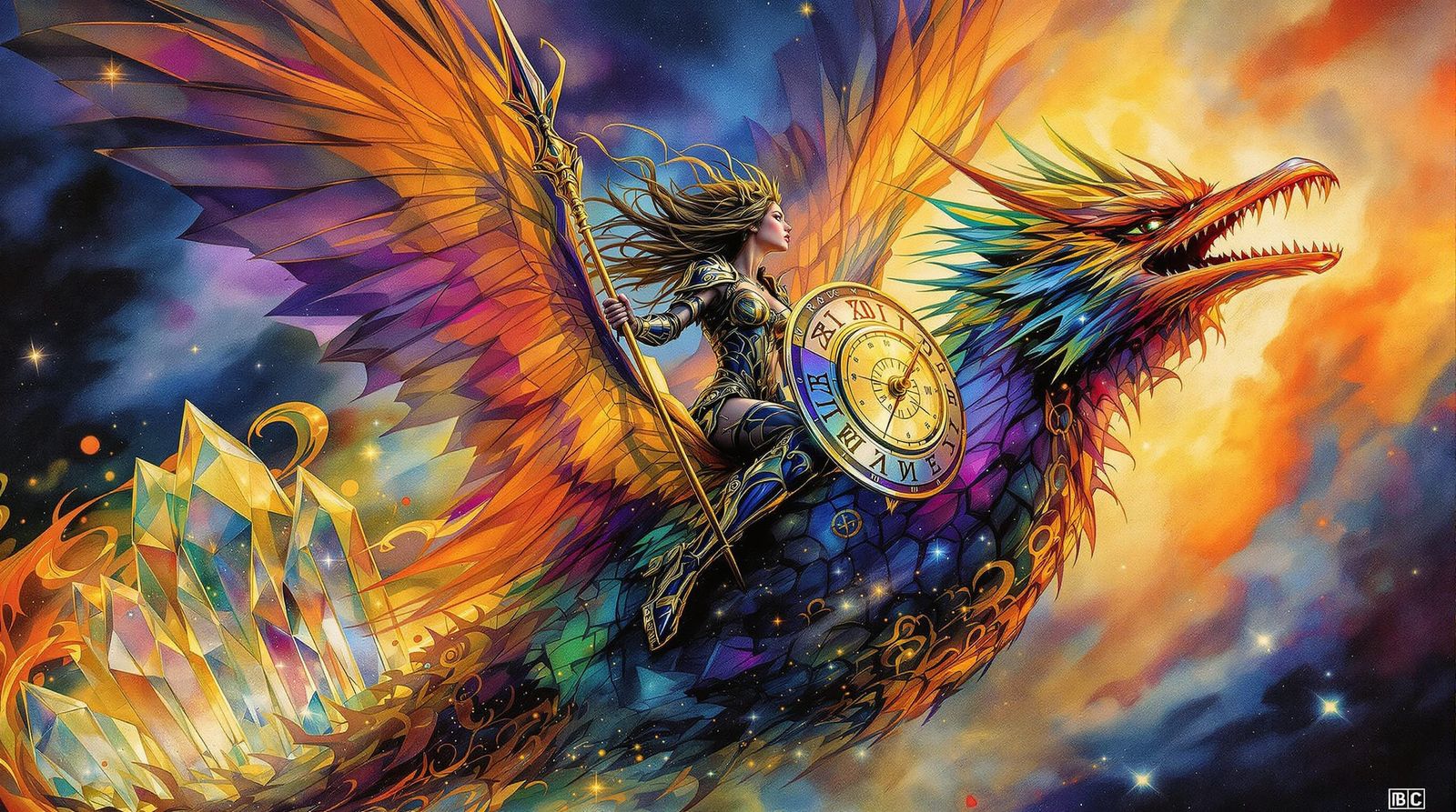 Valkyrie Brunhild Battles Crystal Dragon on Clockwork Hummin...