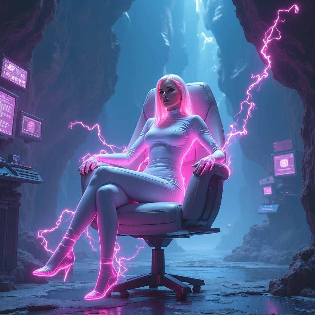 Futuristic Supervillain in Neon-lit Dystopian Cavern