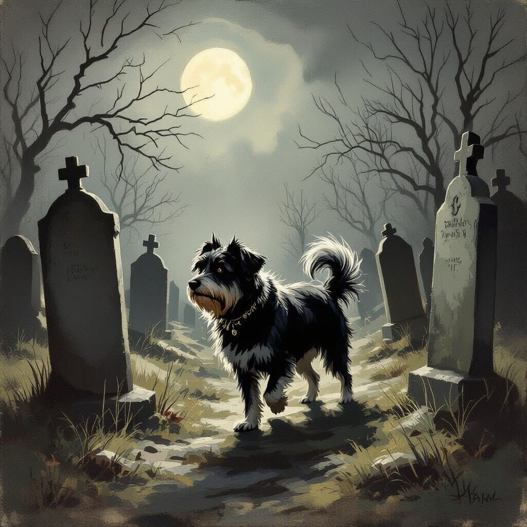 Spectral Victorian Dog in Moonlit Graveyard