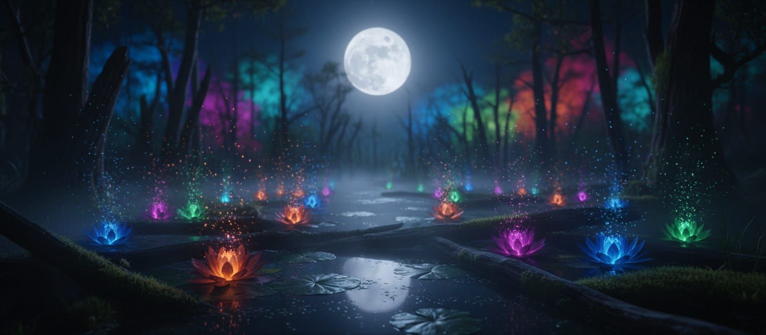 Glowing Moonlit Bog Flowers in Vibrant Photorealistic Style