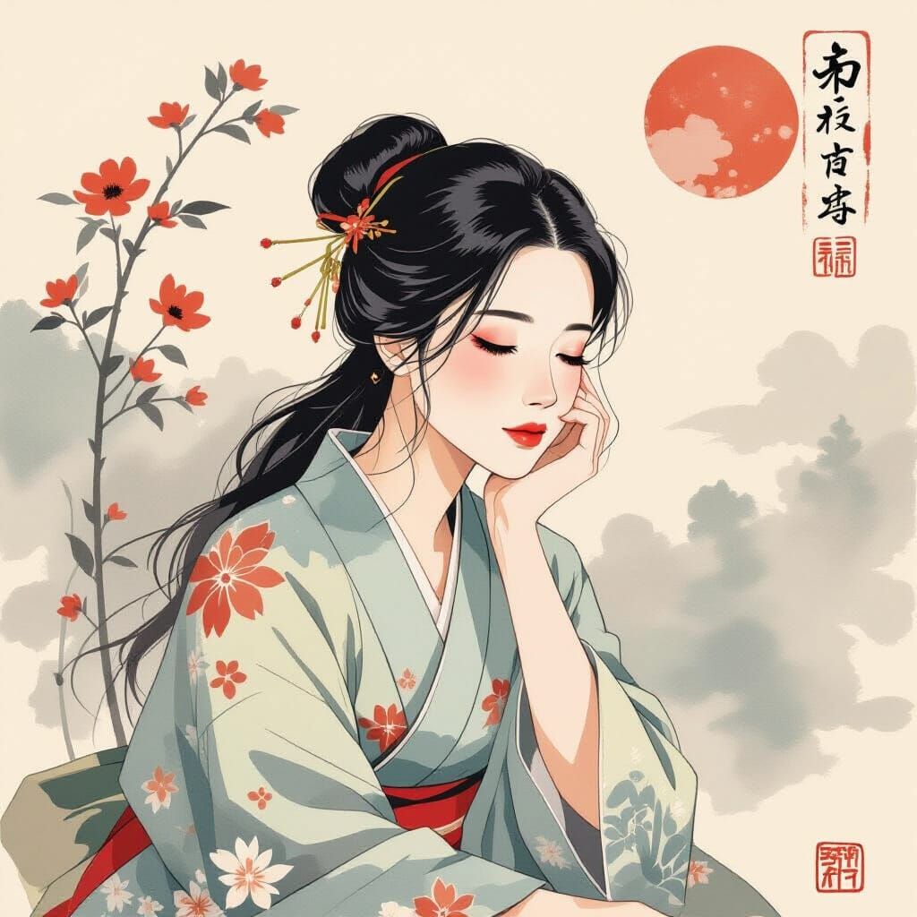 Serene Woman in Japanese Yamato-e Style
