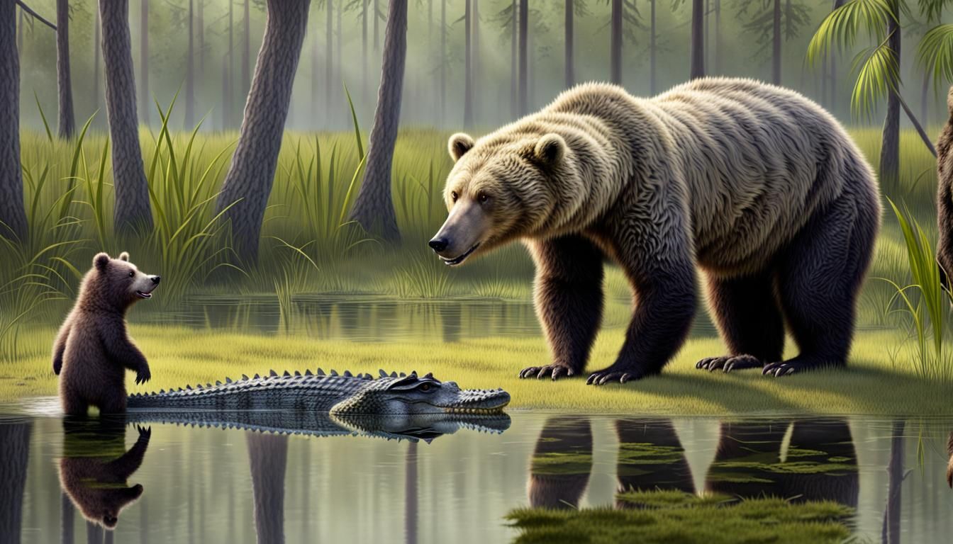 Furry Bear looking at Swamp Alligator
