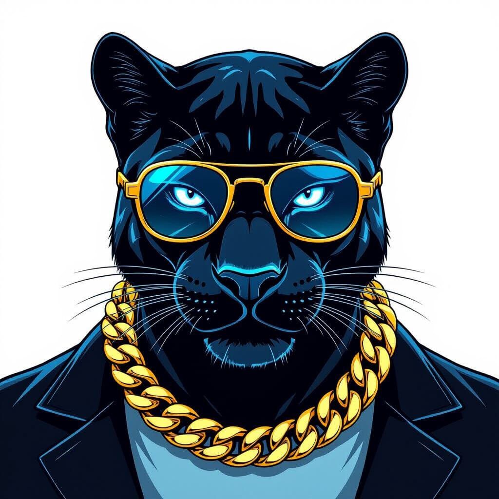 Stylized Panther Head with Neon Blue & Gold Accents