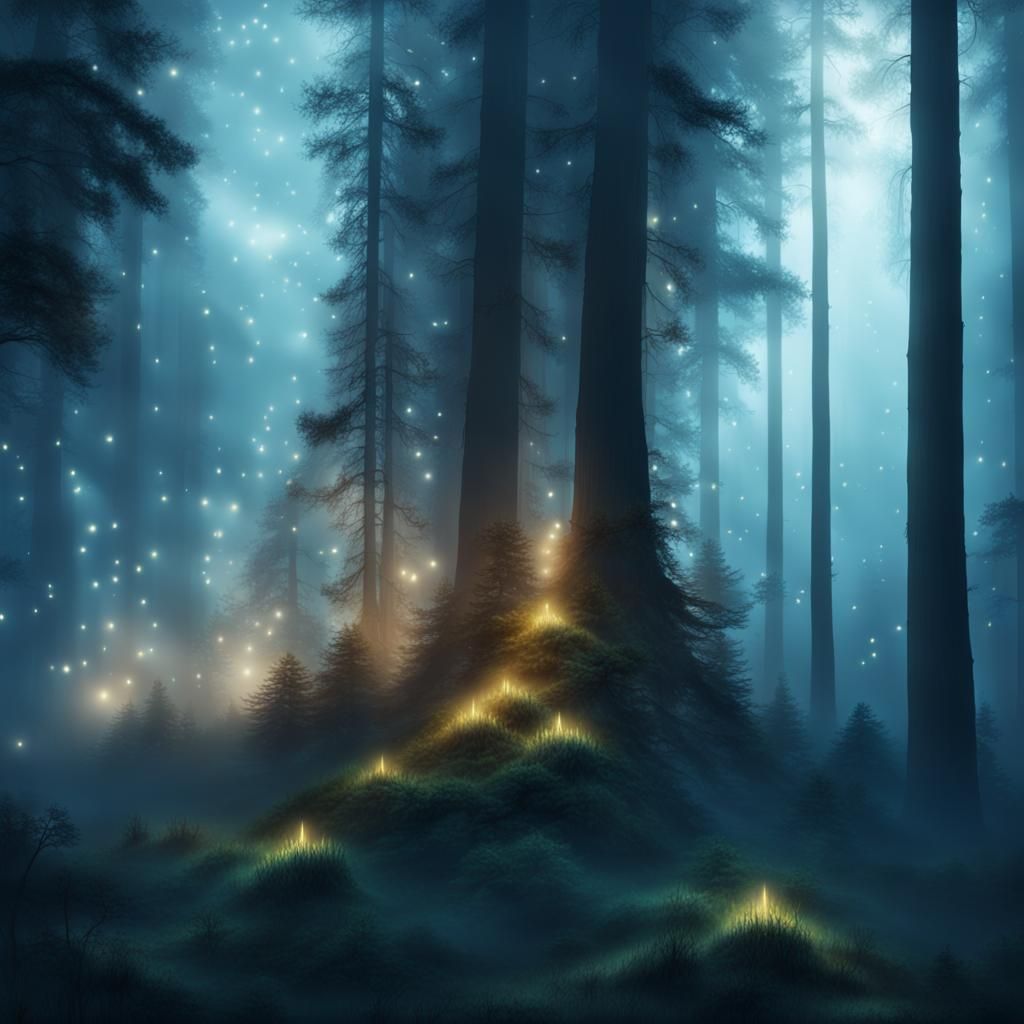 enchanted pine forest at night
