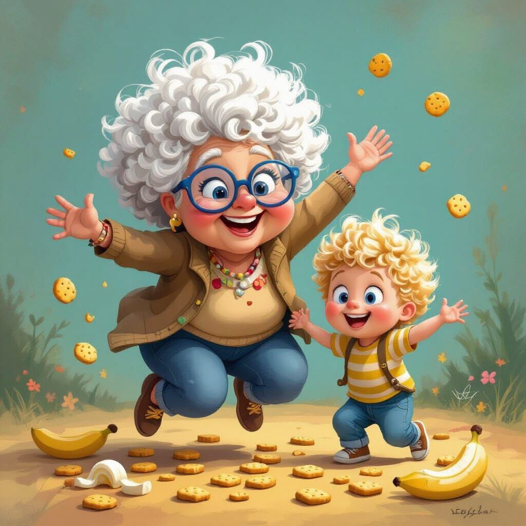 Whimsical Granny and Grandson in Playful Scene