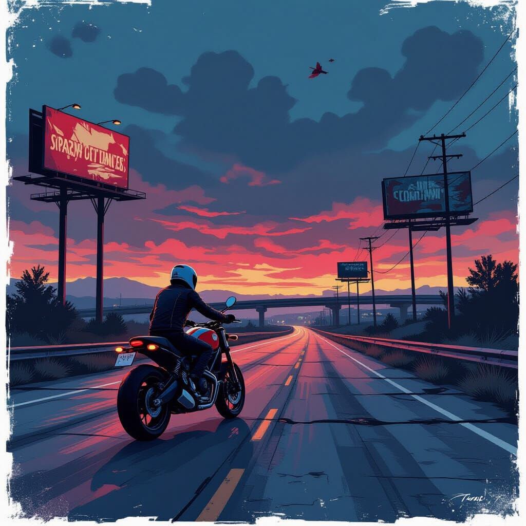 Motorcyclist on Overgrown Highway at Twilight