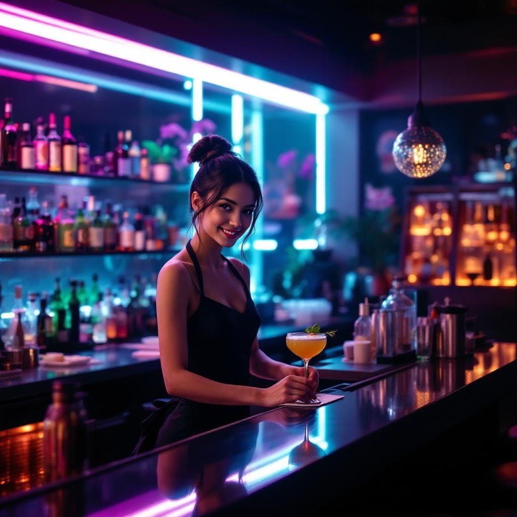 Neon Cocktail Bar Scene with Smiling Waitress